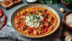 Una cena semplice per un giorno feriale: pollo arrosto con peperoni e riso.